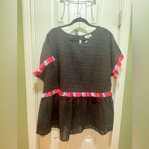 Plus size women’s  black 1x boutique top with colorful tassels.